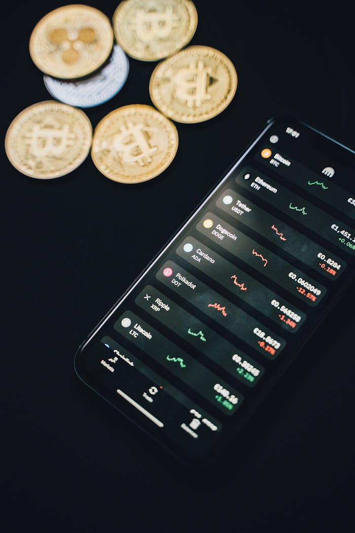 heros-img Smartphone showing cryptocurrency exchange app with bitcoin coins in the background, conveying digital finance.